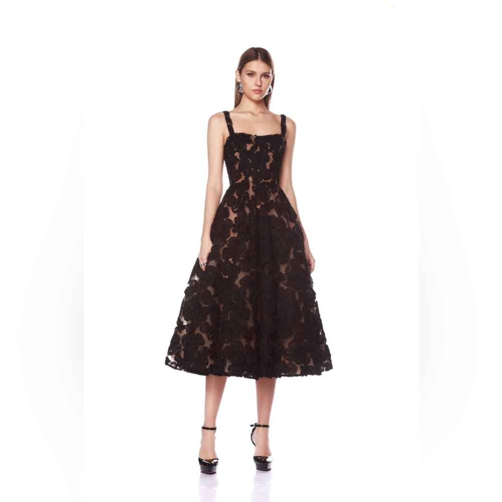 Bronx & Banco Black Sabrina Flower Appliqued Tea Length Midi Dress XS NWOT